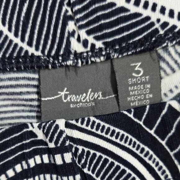 Chico's Travelers Navy Blue White Abstract Floral Fan Pull On Wide Leg Pants - Picture 8 of 10